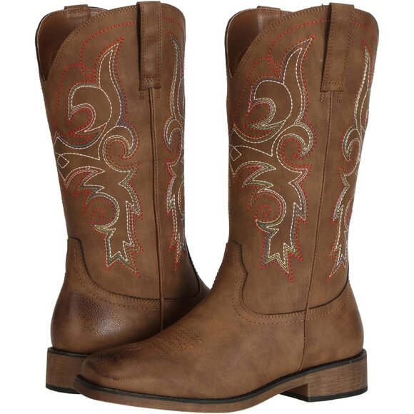 Brown Women's Wide Width Cowboy Boots Square Toe Mid Calf Western Cowgirl Boots - Picture 8 of 8